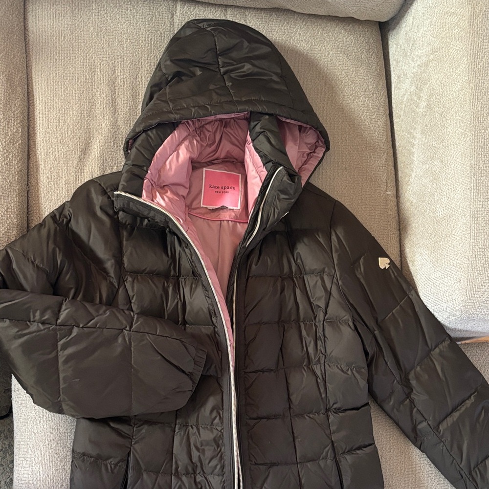 Kate Spade Dark Green Puffer Jacket with Soft Pink Interior